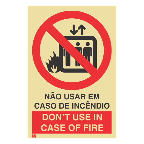 Placa Não Usar em Caso de Incêndio o Elevador 15X20cm Fotoluminescente BRCONTROLL
